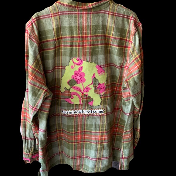 Upcycled Plaid Shirt with Floral Patch and Bigfoot/Yeti - Picture 2 of 11